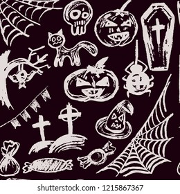 Halloween. Seamless Pattern. Collection of festive elements. Autumn holidays. Pumpkin, cobweb, skull, coffin, tree, bat, cemetery, candy, spider, flags, cat, witch hat