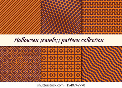 Halloween seamless pattern collection. Holiday backgrounds set. Print kit in traditional colors. Wavy, diagonal narrow lines, striped, reapeted crosses ornaments. Vector scrapbook digital paper.