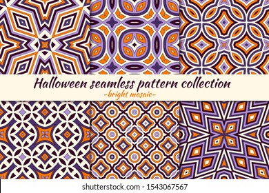 Halloween seamless pattern collection. Holiday backgrounds set. Print kit in traditional colors. Colorful ethnic, tribal, mosaic motif geometric ornaments. Vector scrapbook digital paper