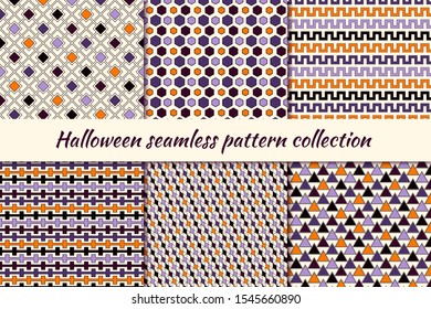 Halloween seamless pattern collection. Holiday backgrounds set. Print kit in traditional colors. Striped, repeated triangle, diamond, octagon motif geometric ornaments. Vector scrapbook digital paper