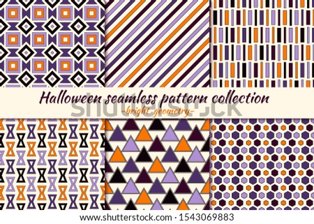 Halloween seamless pattern collection. Holiday backgrounds set. Print kit in traditional colors. Striped, repeated triangles, octagon, ethnic motif geometric ornaments. Vector scrapbook digital paper