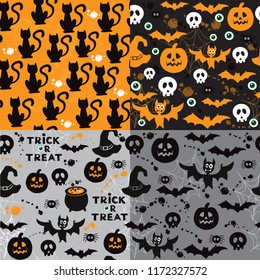  Halloween seamless pattern collection with pumpkins, black cats, bats