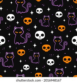 Halloween Seamless Pattern With Colored Skulls And Black Cat, Background Scary Or Festive Elements, Flat Design