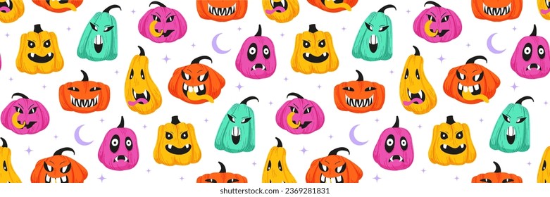 Halloween seamless pattern. Colored spooky pumpkins. Vector flat illustration. Halloween background. Pattern for background, printing on wrapping paper, wallpaper or fabric.