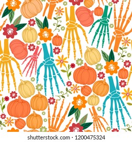 Halloween seamless pattern with colorful bones,pumpkins,flowers and leafs.Holiday vector background.Autumn textile texture