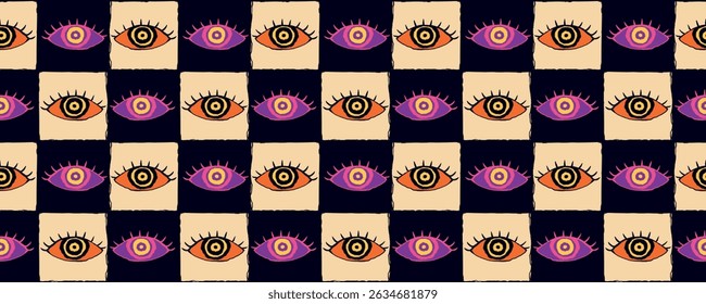 Halloween Seamless Pattern with Colorful Cartoon Eyes in Checkered Layout. Playful orange and pink eyeballs with bold lashes on cream and black background, great for print, web, fashion, cards