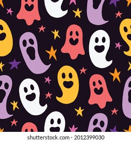 Patrón ininterrumpido de Halloween con fantasmas coloridos y estrellas de fondo negro. Perfecto para vacaciones de otoño, papel pintado, papel envuelto, tela. Ilustración del vector