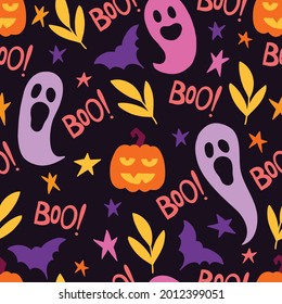 Halloween seamless pattern with colorful ghosts, leaves, stars, boo, pumpkins, jack o'lantern on black background. Perfect for autumn holidays, wallpaper, wrapping paper, fabric. Vector illustration