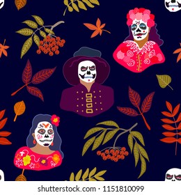Halloween seamless pattern. Colorful print with dead people and autumn leaves on dark blue background.