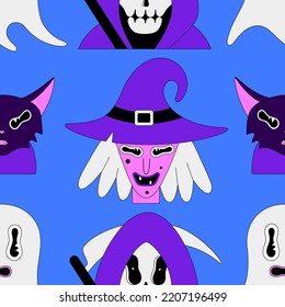 Halloween seamless pattern. Colorful spooky fantasy characters on blue background. Witch, cat, grim reaper, ghost. Cartoon scary portraits. Black outline. Wallpaper, print on clothes, wrapping paper