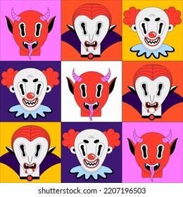 Halloween Seamless Pattern. Colorful Spooky Fantasy Characters In Bright Frames. Vampire Dracula, Clown, Devil. Cartoon Scary Portraits. Black Outline. Wallpaper, Print On Clothes, Wrapping Paper