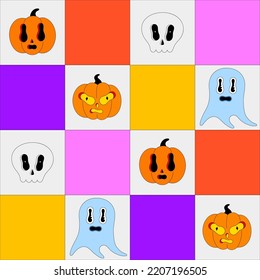 Halloween seamless pattern. Colorful spooky characters on bright plaid background. Pumpkins, ghost, human skull. Cartoon scary illustration. Wallpaper, print on clothes, wrapping paper