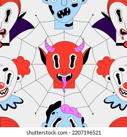 Halloween Seamless Pattern. Colorful Spooky Characters On White Background. Vampire Dracula, Clown, Devil, Zombie. Cartoon Scary Portraits. Black Outline. Wallpaper, Print On Clothes, Wrapping Paper