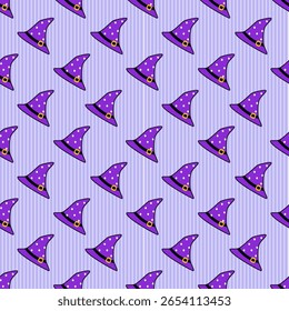 Halloween seamless pattern with colorful witch hats on purple stripes background.  Great for kids Halloween product. Vector illustration.