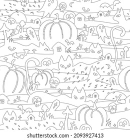 Halloween seamless pattern for coloring. Contour drawing with pumpkin, cat, skull, ghost. Black and white doodle background for print, banner or wallpaper. Drawing isolated on a white background.