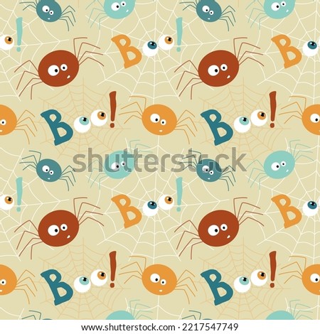 Halloween seamless pattern with confused cartoon spiders, cobwebs and Boo. Swarm of funny, cockeyed insects in retro colors. Flat vector illustration for backdrop, wrap paper, textile.