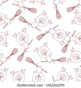 
Halloween. Seamless pattern. Contour image of the imp on a broomstick. Vector illustration.