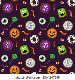 Halloween seamless pattern with cookies and candys. Traditional realistic treat  for greeting card,  poster, web banner, flyer, package design. Vector illustration.