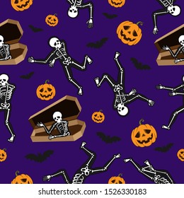 Halloween Seamless pattern with costume skeletons isolated on dark purple background