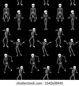 Halloween Seamless pattern with costume skeletons isolated on dark background