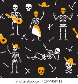 Halloween seamless pattern. Creative collection of skeleton symbols. Cartoon wallpaper illustration.