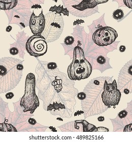 Halloween seamless pattern with creepy creatures. Hand drawn vector.