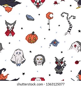 Halloween seamless pattern with creepy and spooky characters hand drawn on white background - ghost, clown, vampire, witch, Jack-o'-lantern. Vector illustration in doodle style for wrapping paper.