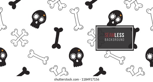 Halloween seamless pattern with crossbones, white bone, black bone, black mexican skull. Cute vector background for decoration halloween cadrs, package paper, flyer. 