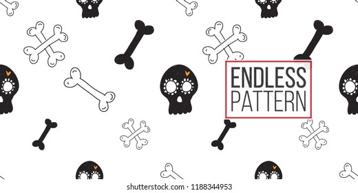 Halloween seamless pattern with crossbones, white bone, black bone, black mexican skull. Cute vector background for decoration halloween cadrs, package paper, flyer. 