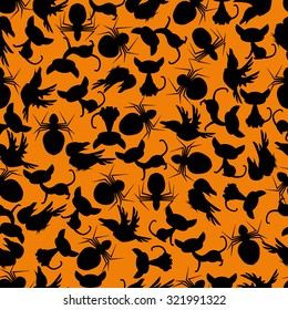Halloween seamless pattern with crows, cats and spiders