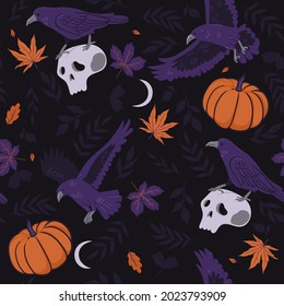 Halloween seamless pattern with crows, pumpkins and skulls. Vector graphics.