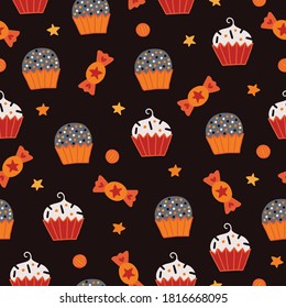 Halloween seamless pattern with cupcakes candies and stars on black background. Perfect for wallpaper, gift paper, fabric, holiday decoration, greeting cards. Vector illustration