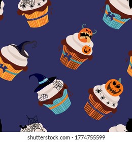 Halloween seamless pattern with cupcakes,traditional symbols.Marzipan Jack-o'-lantern,chocolate raven,cobwebs and spiders,witch hat from fudge,vanilla cream,chocolate icing.Print for Halloween card