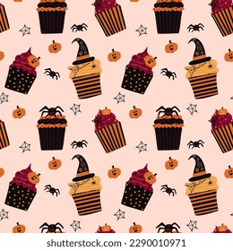 Halloween seamless pattern with cupcakes,traditional symbols.Marzipan Jack-o -lantern,chocolate raven,cobwebs and spiders,witch hat from fudge,vanilla cream,chocolate icing. Print for Halloween card