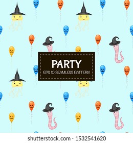 Halloween seamless pattern with cute animals. Cartoon style. Vector illustration.