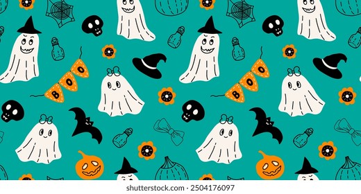 Halloween seamless pattern with cute baby ghosts, witch hat, boo garland, pumpkins, bat, skull, flowers, bows, spider web and potion bottles. Vector illustration for October holiday.