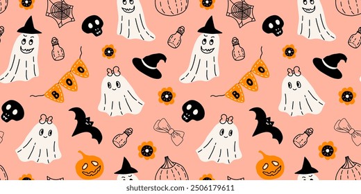 Halloween seamless pattern with cute baby ghosts, witch hat, boo garland, pumpkins, bat, skull, flowers, bows, spider web and potion bottles.