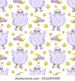 Halloween seamless pattern. Cute baby dressed in a ghost halloween costume vector art. Endless pattern with moons, stars, clouds. Soft colors for kids fabric and nursery decor. Gender neutral design