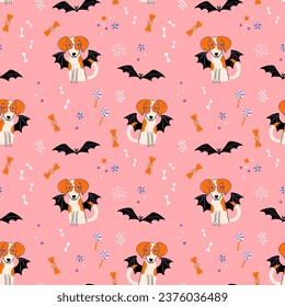 Halloween seamless pattern. Cute background with dog in a bat costume. Pet pawty. Flat style vector illustration.

