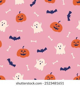 Halloween seamless pattern. Cute background for Halloween party fabric or kids stuff. Pumpkin monsters, ghosts, bats and bones in cartoon flat style. Vector illustration 