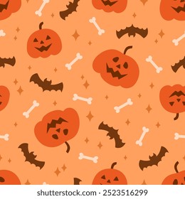 Halloween seamless pattern. Cute background for Halloween party fabric or kids stuff. Pumpkin monsters, bats and bones in cartoon flat style. Vector illustration 