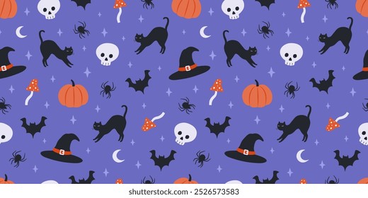 Halloween seamless pattern. Cute background for Halloween party fabric or kids stuff. Pumpkin, scull, mushroom, black cat, spider, moon, witch hat etc in cartoon flat style. Vector illustration