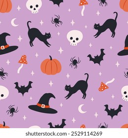 Dia das Bruxas padrão perfeito. Fundo bonito para tecido de festa de Halloween ou coisas de crianças. Abóbora, escama, cogumelo, gato preto, aranha, lua, chapéu de bruxa etc em estilo de desenho animado plano. Ilustração vetorial