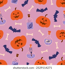 Patrón sin fisuras de Halloween. Fondo lindo para la tela del partido de Halloween o cosas de los niños. Monstruos de calabaza, poción, murciélagos y huesos en estilo plano de dibujos animados. Ilustración vectorial 
