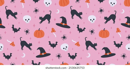 Halloween seamless pattern. Cute background for Halloween party fabric or kids stuff. Pumpkin, scull, mushroom, black cat, spider, moon, witch hat etc in cartoon flat style. Vector illustration