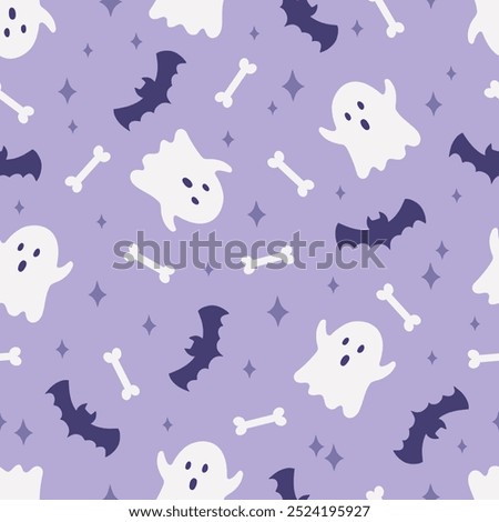 Halloween seamless pattern. Cute background for Halloween party fabric or kids stuff. Ghosts, bats and bones in cartoon flat style. Vector illustration 