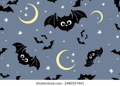 Halloween seamless pattern with cute bat, moon and star. Background for nursery art, print, fabric, wallpaper, wrapping paper, textile, packaging. Hand drawn vector illustration.