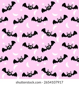Halloween seamless pattern with cute bats flying through star and the moon on pink background. Great for kids Halloween product. Vector illustration.
