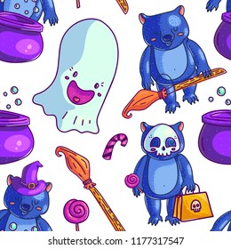 halloween seamless pattern with cute bear, happy ghost and witch accessories. Purple witch hat and cauldron. Trick or treat backgorund vector illustration.