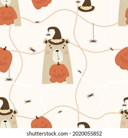 Halloween seamless pattern. Cute bear in witch hat with pumpkin Jack on light background with geometric lines and spiders. Vector illustration for kids collection, design, decor, textile and wallpaper